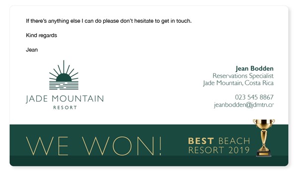 A professional email signature example promoting an award win