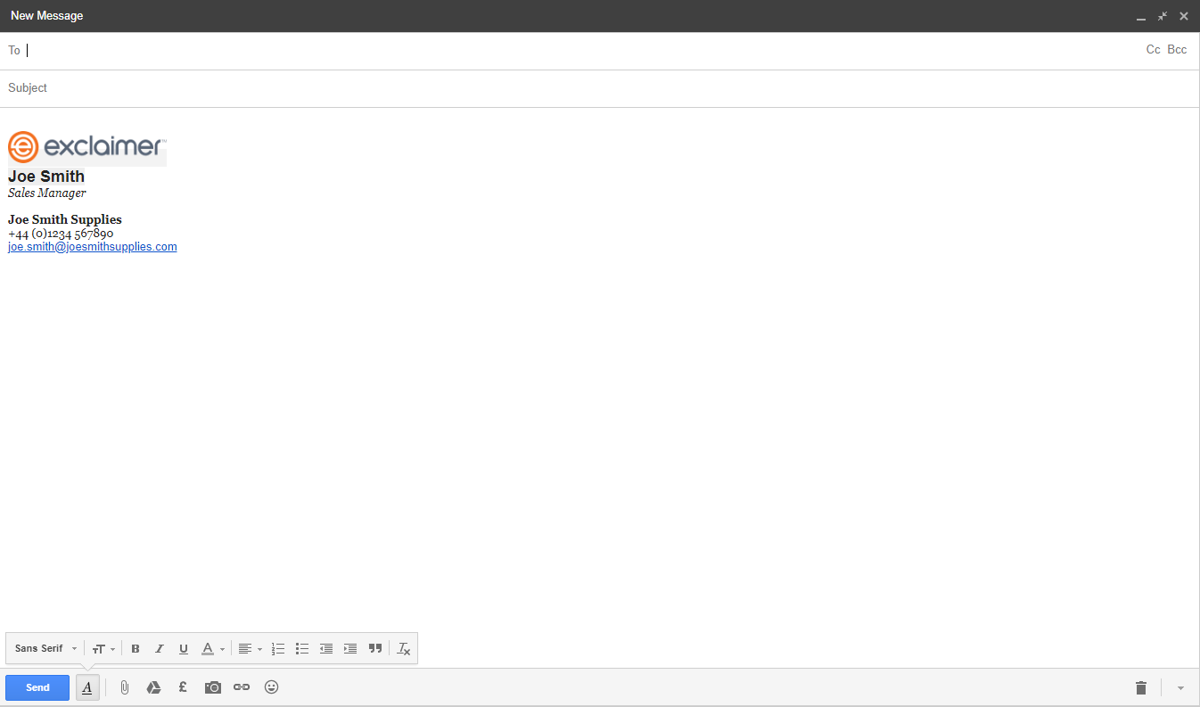 Professional Gmail signature shown in New Message box.