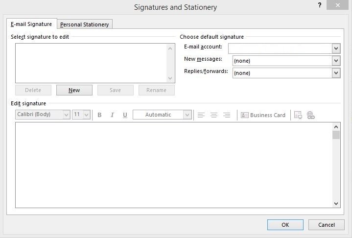 The Signatures and Stationery window where you create your Outlook signature.